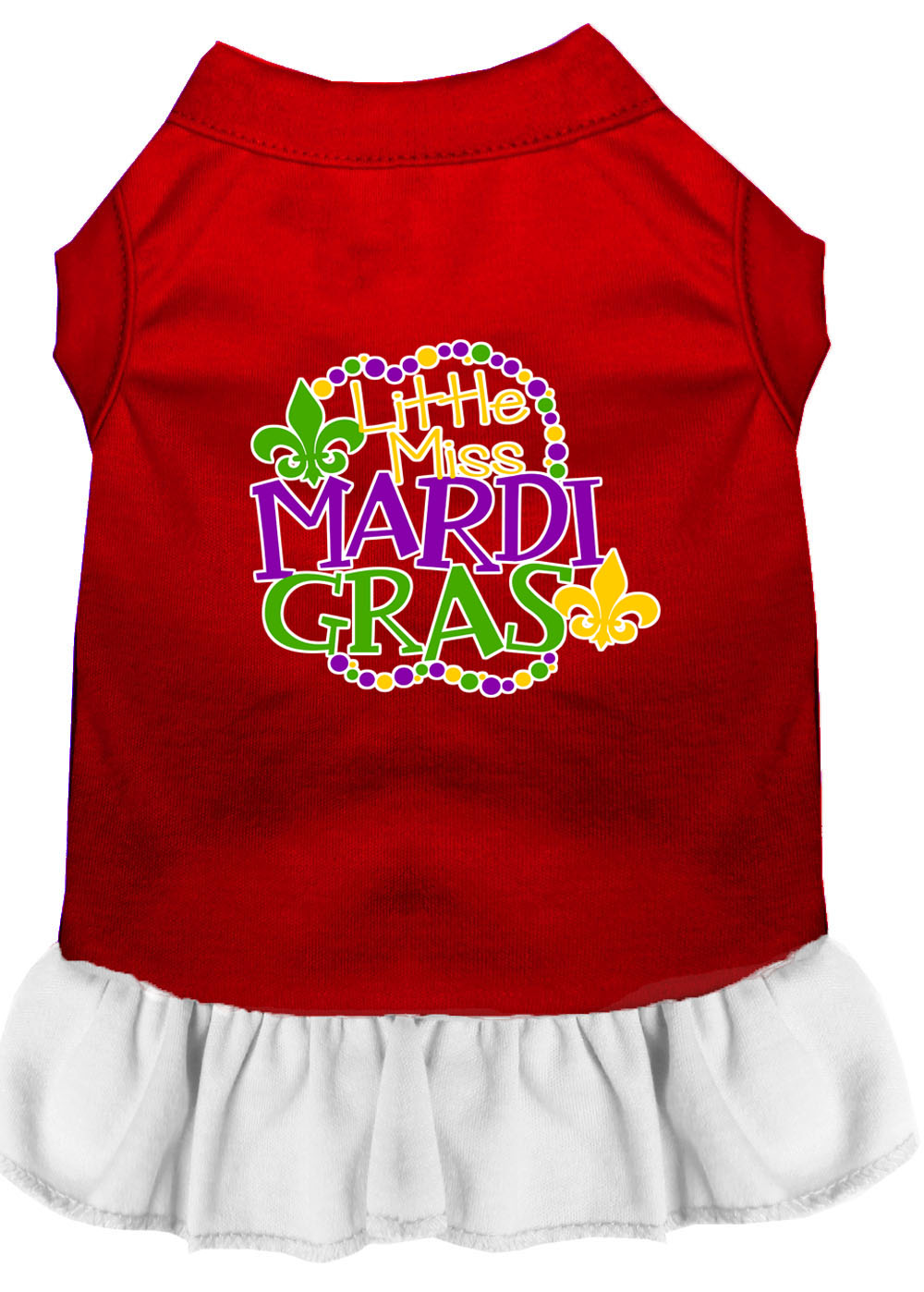Miss Mardi Gras Screen Print Mardi Gras Dog Dress Red with White Lg